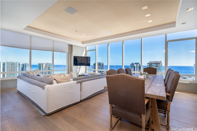 living room with hardwood / wood-style floors, plenty of natural light, and a raised ceiling