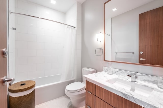 full bathroom featuring vanity, shower / tub combo with curtain, toilet, and tile patterned flooring