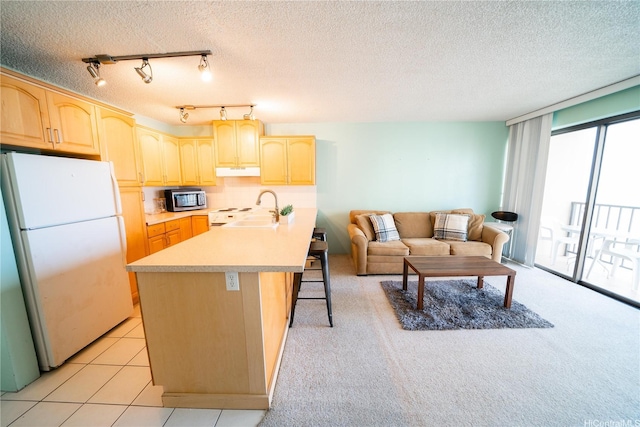 2140 Kuhio Ave Unit 1907, Honolulu, HI 96815 - kitchen featuring freestanding refrigerator, under cabinet range hood, a sink, light brown cabinetry, and a textured ceiling