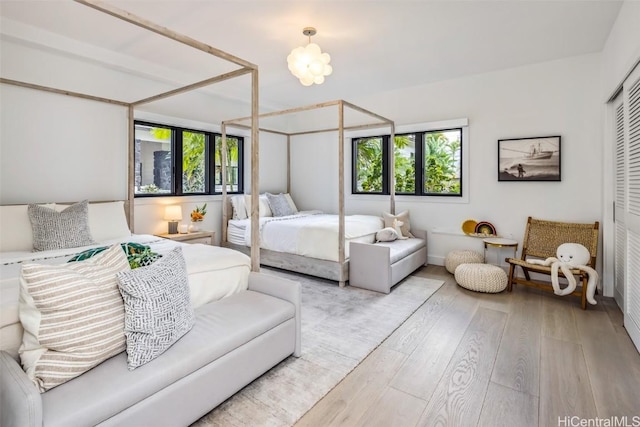 bedroom with light hardwood / wood-style floors and a closet