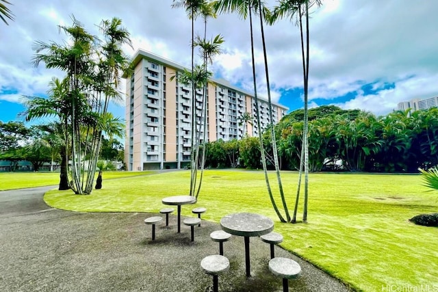 view of community featuring a lawn