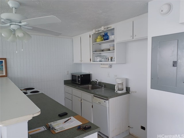 kitchen with white cabinets, electric panel, dishwasher, and sink