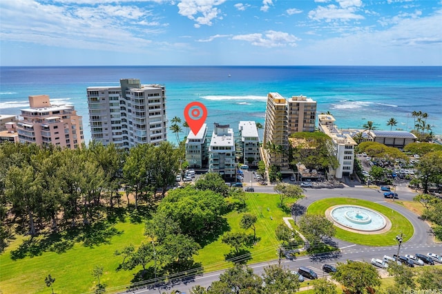 drone / aerial view featuring a water view