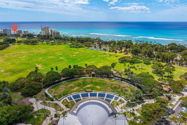 aerial view with view of golf course and a water view