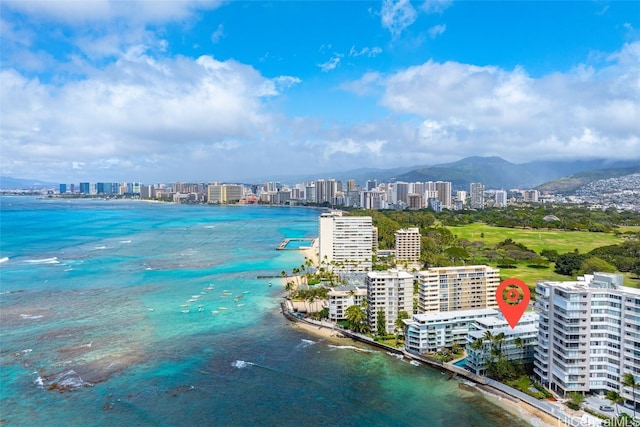 aerial view with a water and mountain view