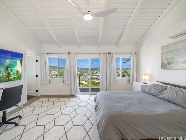 unfurnished bedroom with light hardwood / wood-style floors, lofted ceiling with beams, a wall mounted air conditioner, and ceiling fan