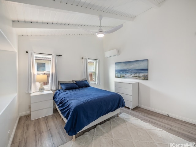 bedroom with a wall unit AC, wood ceiling, ceiling fan, light hardwood / wood-style flooring, and lofted ceiling with beams