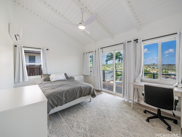 bedroom with carpet flooring, access to outside, ceiling fan, wooden ceiling, and beam ceiling