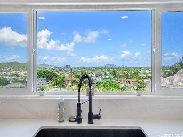 details featuring sink and a mountain view