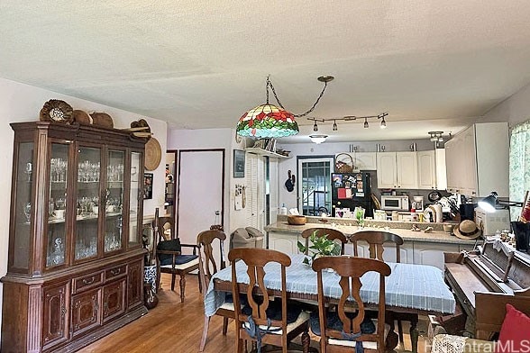 dining space featuring hardwood / wood-style flooring and a textured ceiling