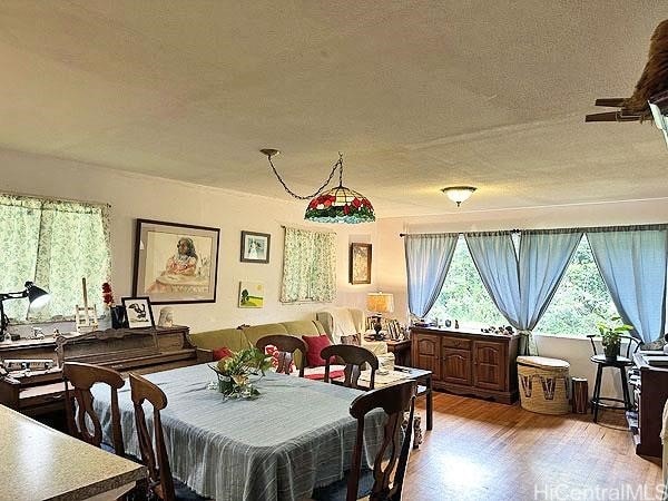 dining space with a textured ceiling and light hardwood / wood-style floors