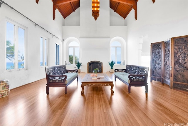 living area with a healthy amount of sunlight, high vaulted ceiling, and hardwood / wood-style flooring