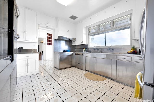 kitchen with white cabinets, stainless steel counters, sink, stainless steel appliances, and ventilation hood