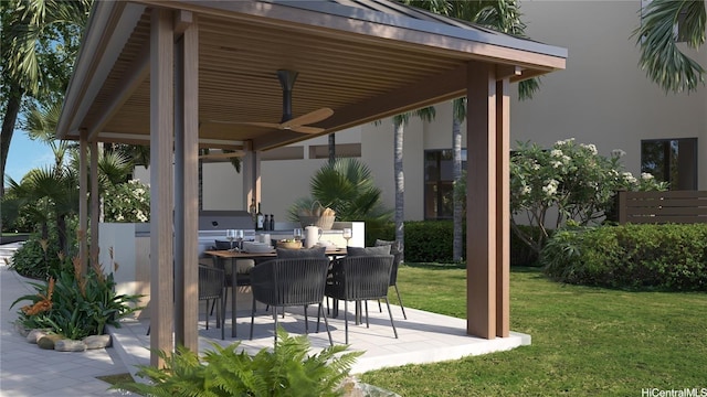 view of patio / terrace featuring a gazebo, outdoor dining space, and ceiling fan