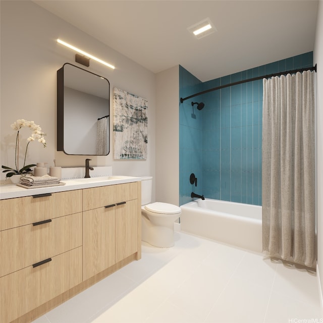 full bathroom featuring shower / bath combination with curtain, toilet, vanity, and tile patterned floors