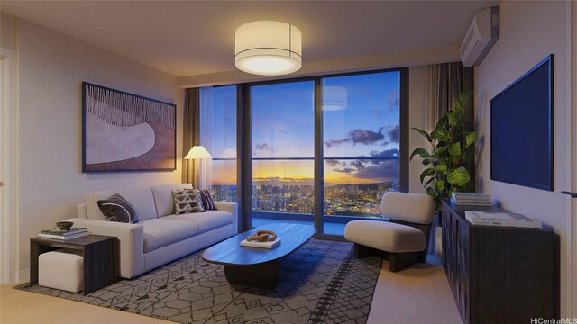 living area with expansive windows, wood finished floors, and a wall mounted air conditioner