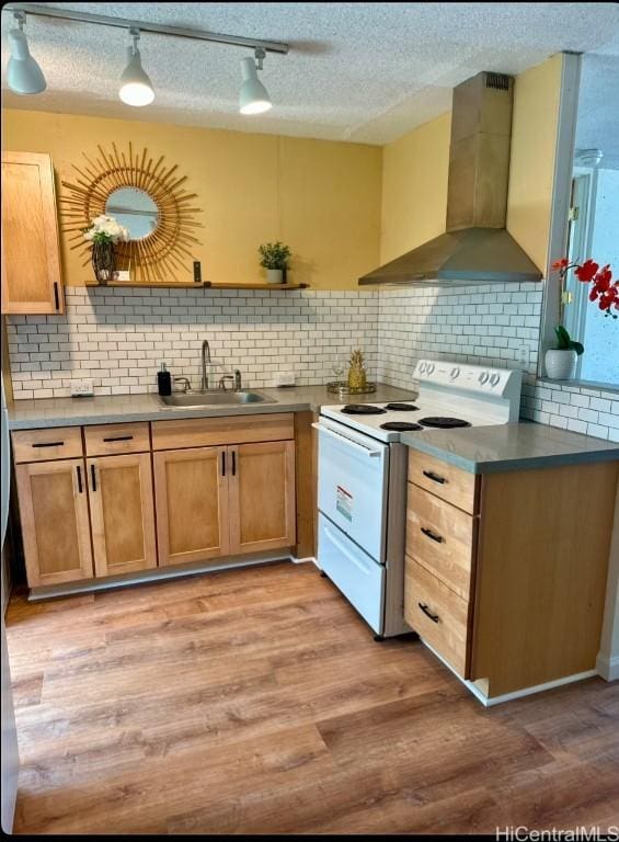 kitchen featuring wall chimney range hood, sink, backsplash, electric range, and light hardwood / wood-style flooring