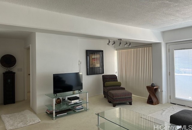 carpeted living room featuring a textured ceiling