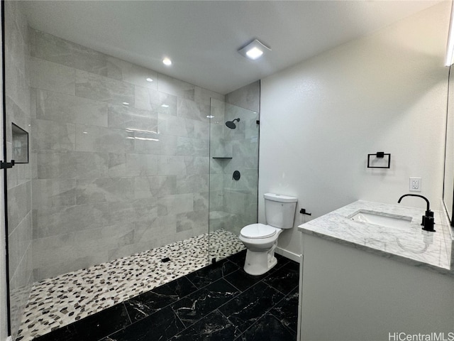 bathroom with toilet, vanity, and a tile shower