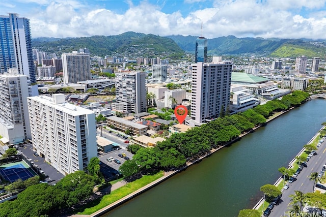 aerial view with a water and mountain view