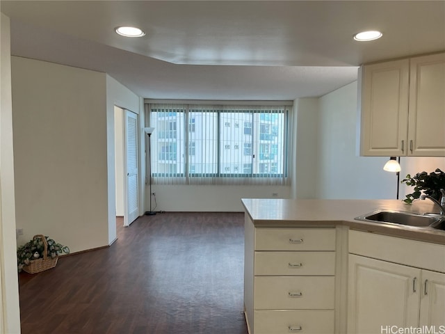 kitchen featuring sink, dark wood-type flooring, and white cabinets