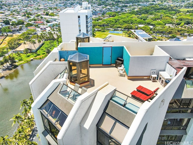 aerial view featuring a water view