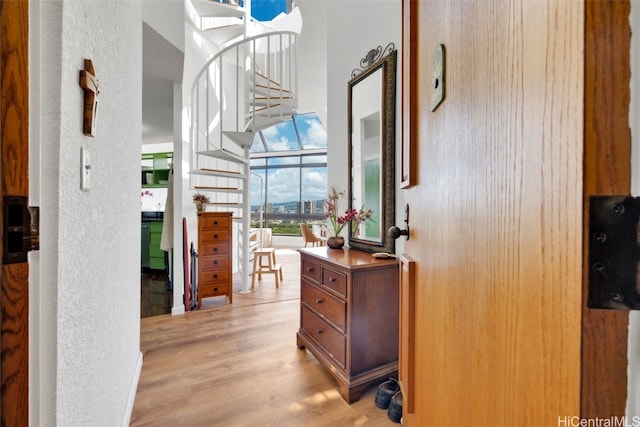 hallway featuring expansive windows and light hardwood / wood-style flooring