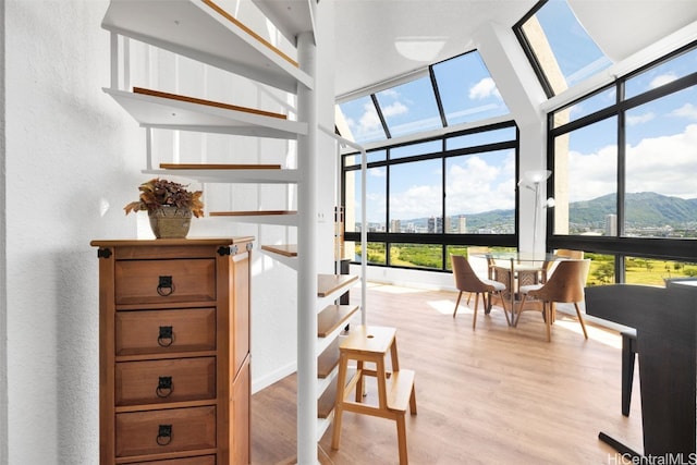 sunroom with a mountain view and a skylight