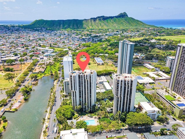 aerial view with a water and mountain view