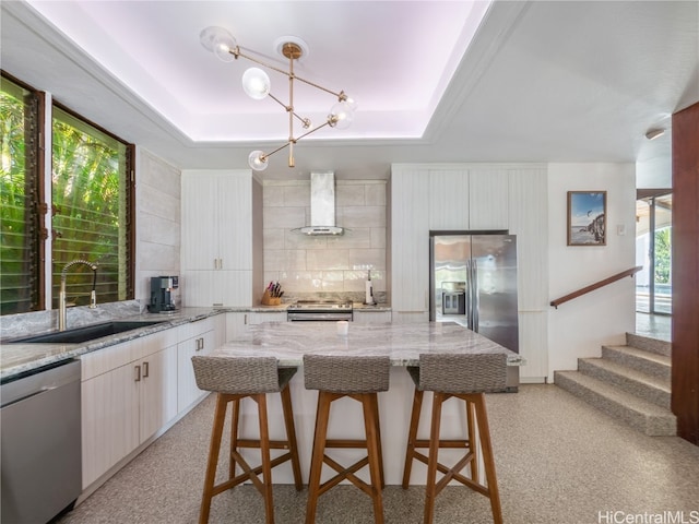 kitchen with a wealth of natural light, sink, wall chimney exhaust hood, and appliances with stainless steel finishes