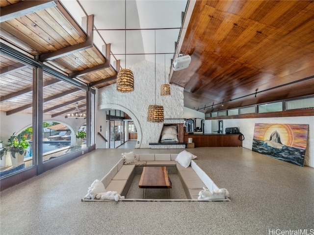 kitchen with a chandelier and wood ceiling