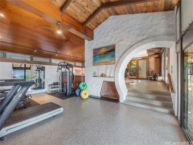 exercise room featuring high vaulted ceiling, ceiling fan, and wood ceiling