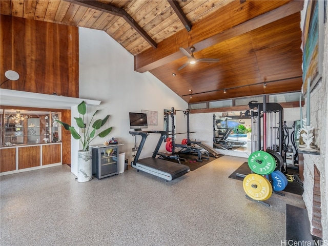 gym with ceiling fan, high vaulted ceiling, and wooden ceiling