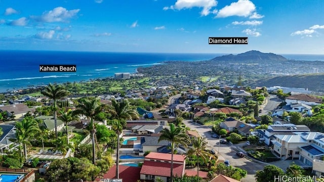 aerial view featuring a water view