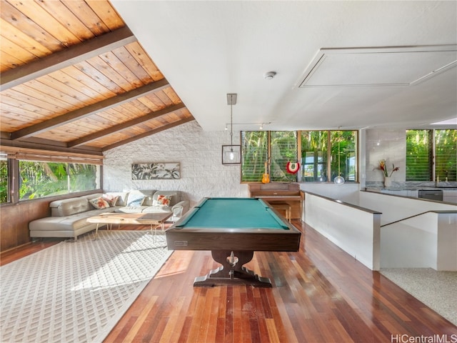 rec room featuring hardwood / wood-style flooring, wood ceiling, billiards, and vaulted ceiling