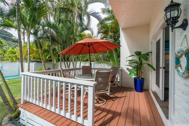 1276 Mokulua Dr, Kailua, HI 96734 - wooden deck featuring a fenced backyard, a water view, and outdoor dining area
