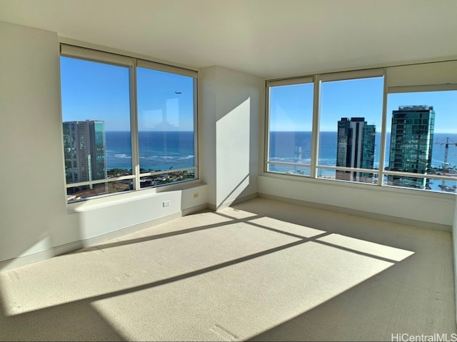 carpeted empty room with a healthy amount of sunlight and a water view