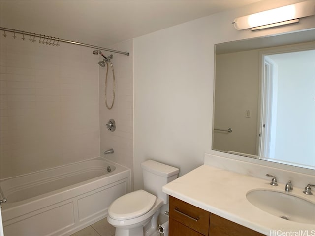 full bathroom with tiled shower / bath, a wall unit AC, toilet, vanity, and tile patterned floors