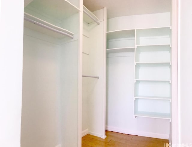 walk in closet with wood-type flooring