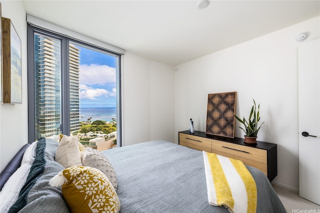 bedroom featuring light colored carpet and a water view