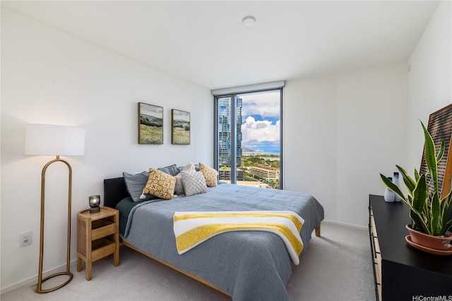bedroom with expansive windows, baseboards, and carpet