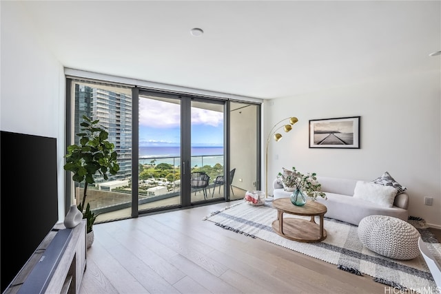 living room with a wall of windows, a water view, and light wood-type flooring