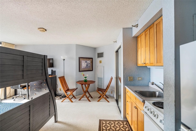 kitchen with visible vents, light carpet, white electric range oven, a textured ceiling, and a sink