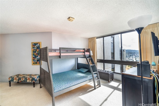 bedroom with a textured ceiling and carpet flooring