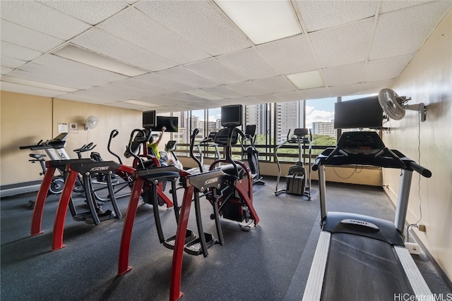 exercise room featuring a wealth of natural light and a drop ceiling