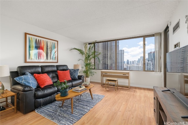 living room with a textured ceiling and light hardwood / wood-style floors