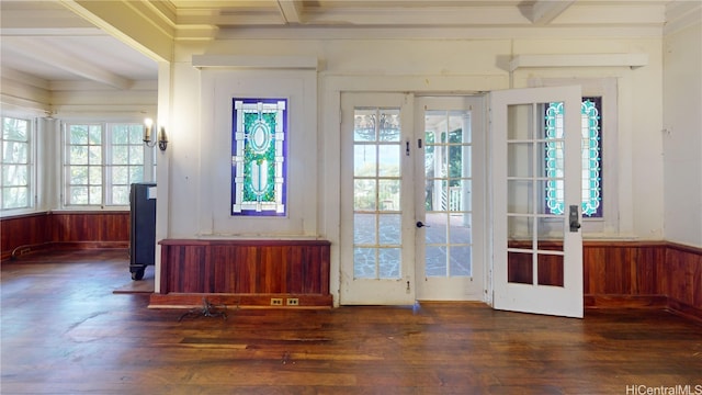 doorway featuring a wealth of natural light, wooden walls, french doors, and beamed ceiling