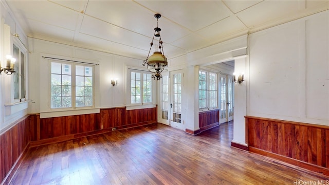 spare room featuring wooden walls, dark hardwood / wood-style flooring, and french doors