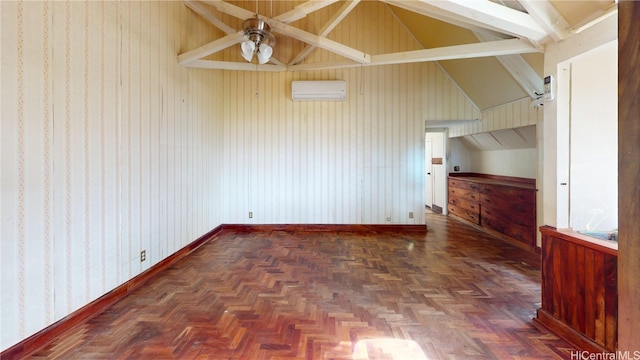 unfurnished room featuring a wall unit AC, dark parquet flooring, ceiling fan, and lofted ceiling