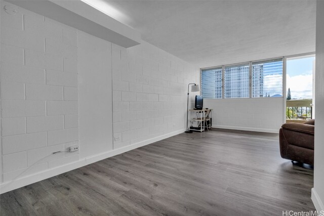 unfurnished room featuring wood-type flooring and a wall of windows